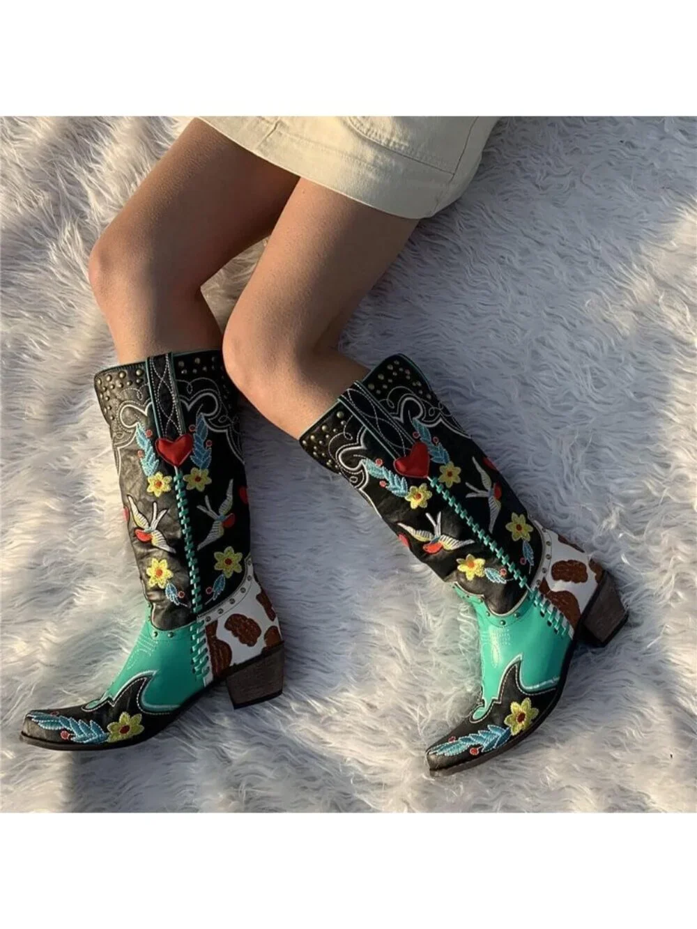 Women's Blue Knee High Boots Faux Leather Western Swallow Chunky Low Heels